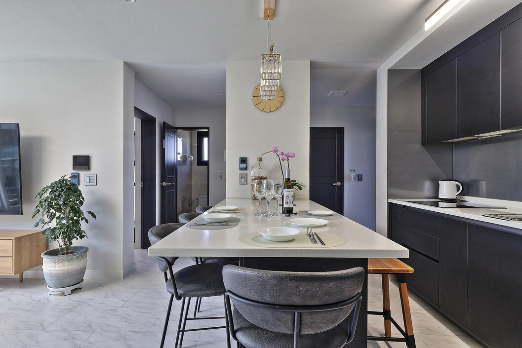 The dining table is large and comfortable.