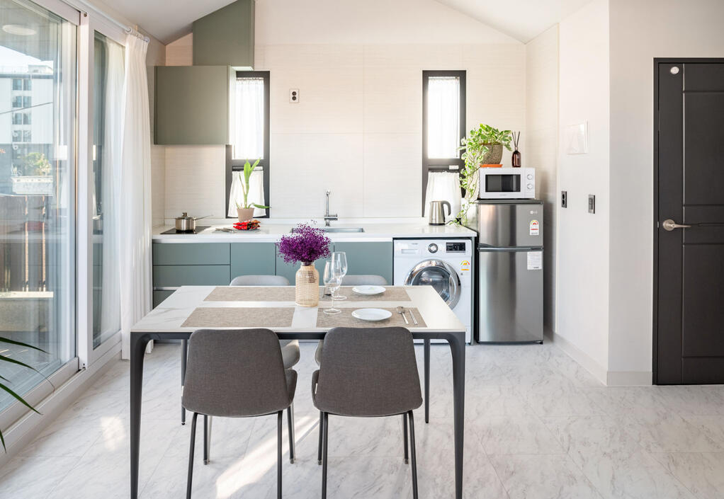 Dining table and kitchen